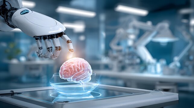 Robot Hand Touching Human Brain in Futuristic Lab, Artificial Intelligence Concept