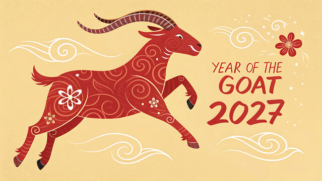 Vibrant Illustration of Goat Symbolizing Year of the Goat 2027 with Floral Designs and Swirls transparent background