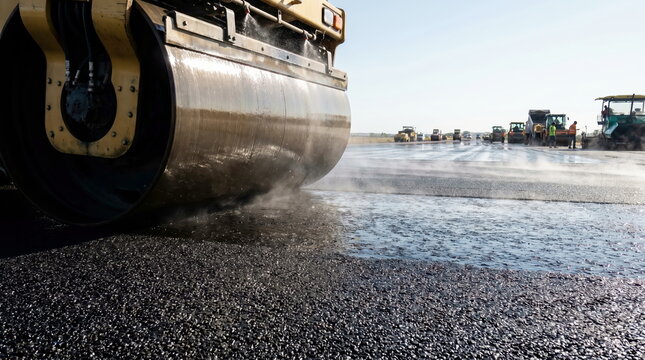 Road roller compacting fresh asphalt layer with water spray on new construction site, infrastructure development.