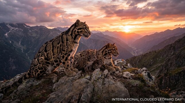 International Clouded Leopard Day poster, clouded leopard family on rocky mountain cliff at sunset