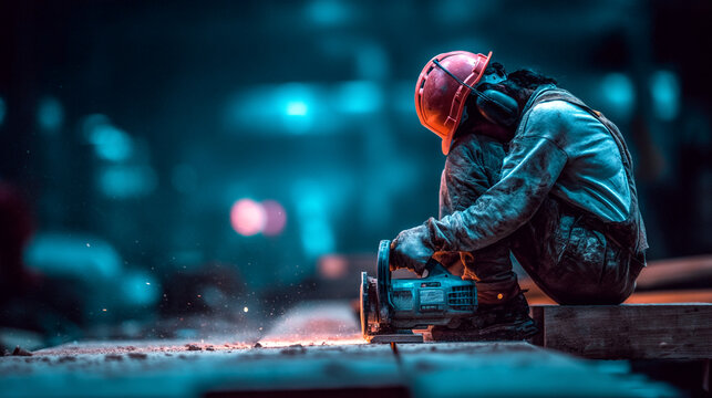 Industrial worker using power tool in dim workshop with hard hat blue light industrial
