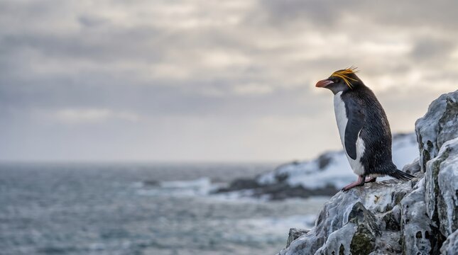 Macaroni penguin standing on a rocky cliff by the sea