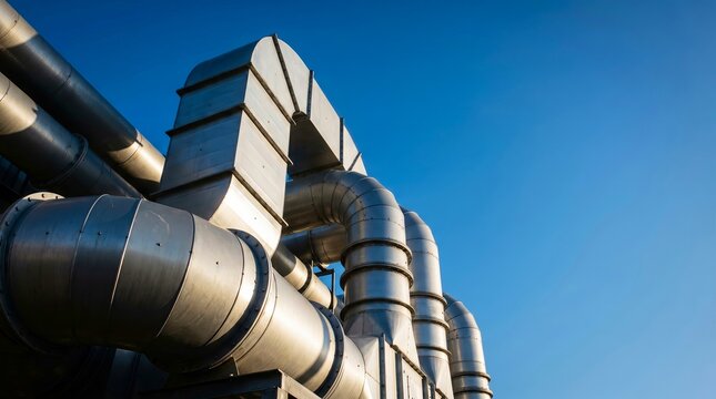 Ventilation system with shiny metal pipes and ducts against blue sky, illustrating industrial infrastructure.