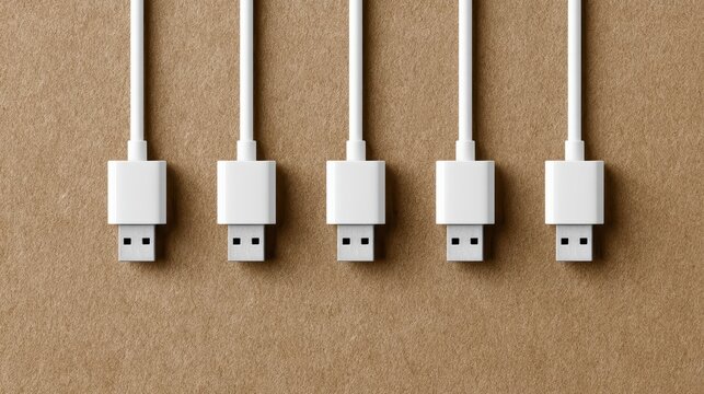 Five white usb connectors aligned vertically on textured brown paper background for digital technology data transfer connectivity concept