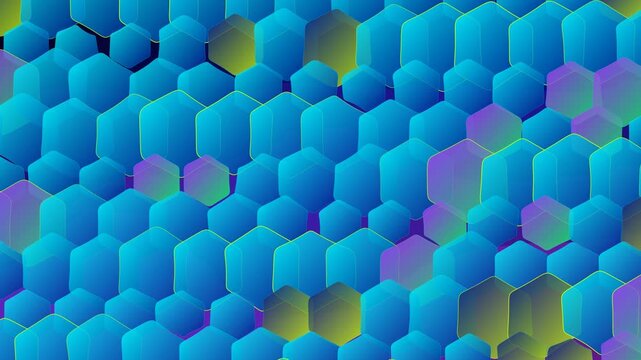 Vibrant blue geometric hexagon pattern with glowing neon edges moving in a seamless loop for digital display screens.