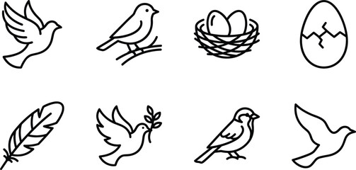 Obraz premium Bird and Nature Icon Set Featuring Minimalist Black Line Vector Symbols for Flying Dove Perching Sparrow Nest Eggs Cracked Egg and Feather Graphics