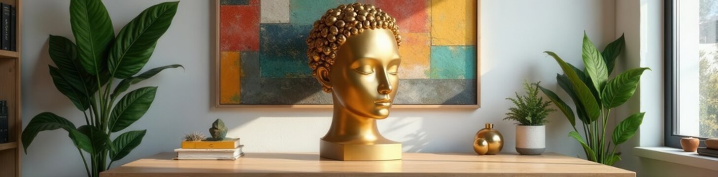 Modern eclectic workspace, gold head sculpture, abstract wall, greenery, office items, contemporary, design elements