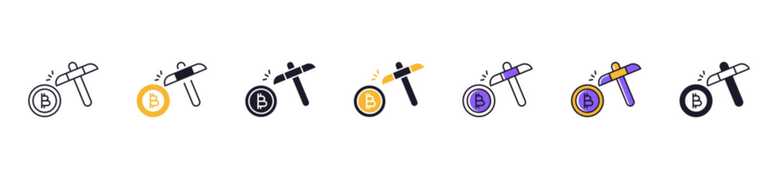 Cryptocurrency mining icon set collection featuring digital miner, blockchain validation, bitcoin mining, GPU compute, crypto production vector illustration