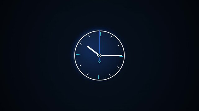 Blue glowing circular clock with white hands on dark background