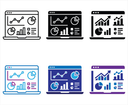 Set of dashboard analytics icons featuring laptop computer screens with various data charts graphs.