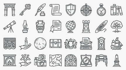 Fototapeta premium Creative Black and White Line Icons Set Featuring Historical Educational and Symbolic Illustrations for Various Uses
