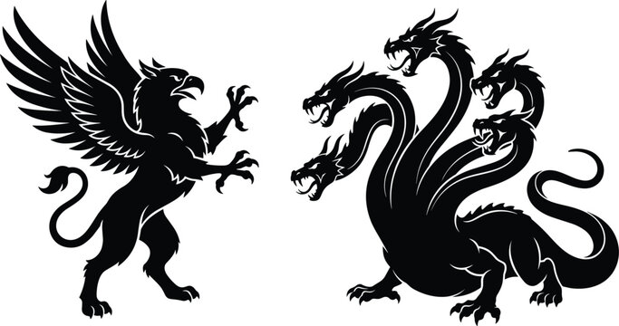 Black silhouettes of a griffin and a multi-headed hydra facing each other in combat
