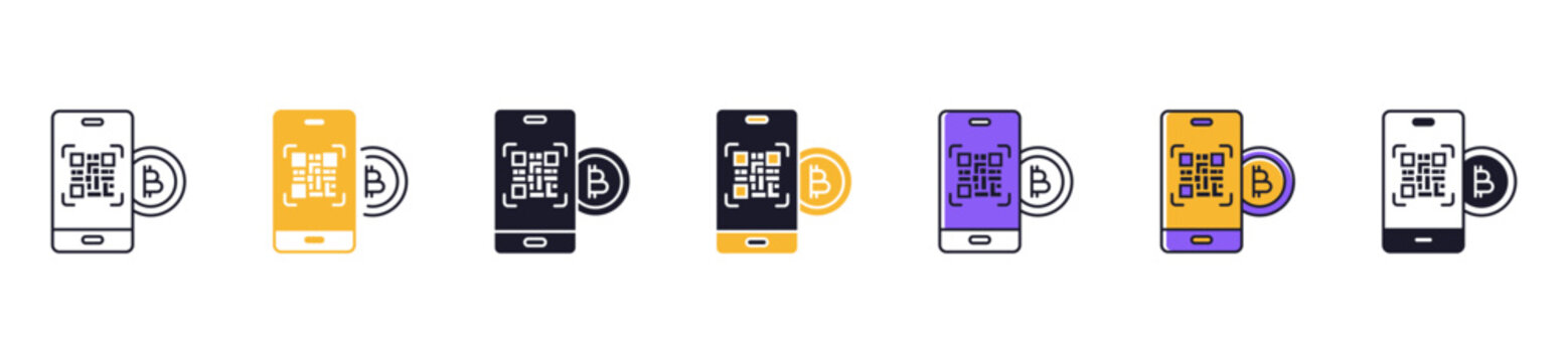 Crypto QR code icon set collection featuring scan to pay, digital payment, blockchain address, mobile wallet, crypto address, quick pay vector illustration