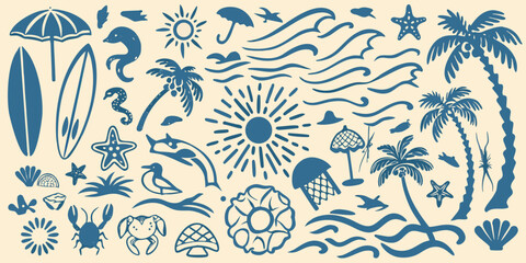 Coastal Elements Vector Illustration Featuring Surfboards And Marine Life © Rakesh