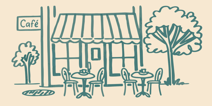Caf exterior illustration with tables chairs and trees in teal tones
