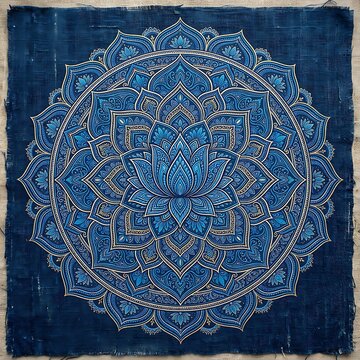 Blue lotus flower mandala design with intricate petals and patterns on a textured background.