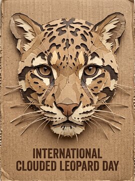 International Clouded Leopard Day vector poster, craft cardboard style wild cat head portrait illustration