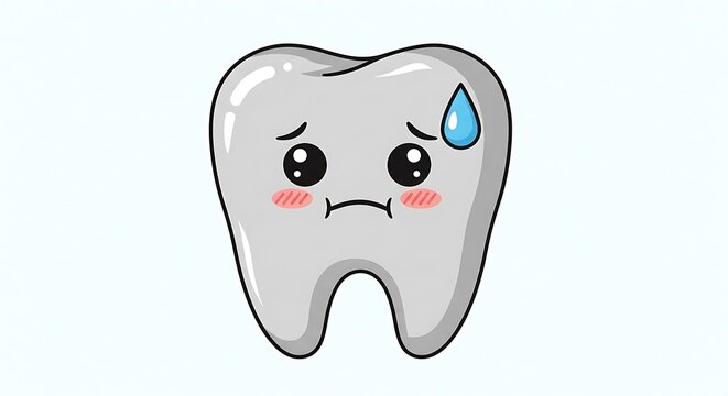 Worried Whiteness: A clean, vibrant cartoon tooth illustration, showing distress with flushed cheeks and a nervous blue sweat drop.