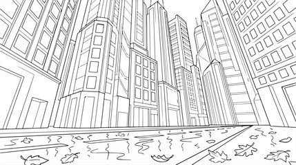 Fototapeta premium Black and White Vector Illustration of a Futuristic City Skyline with Tall Buildings and Wet Street Reflecting Autumn Leaves, Low Angle Perspective