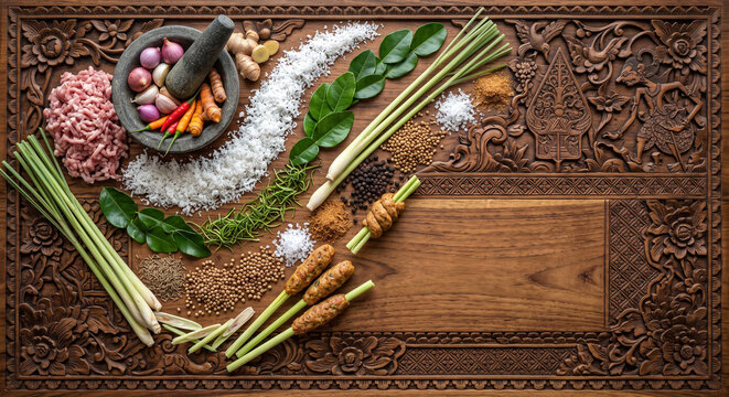 Top down view of Indonesian Sate Lilit minced meat skewer ingredients on carved wood