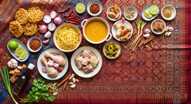 Creative top view of Thai Khao Soi curry noodle ingredients on Lanna silk