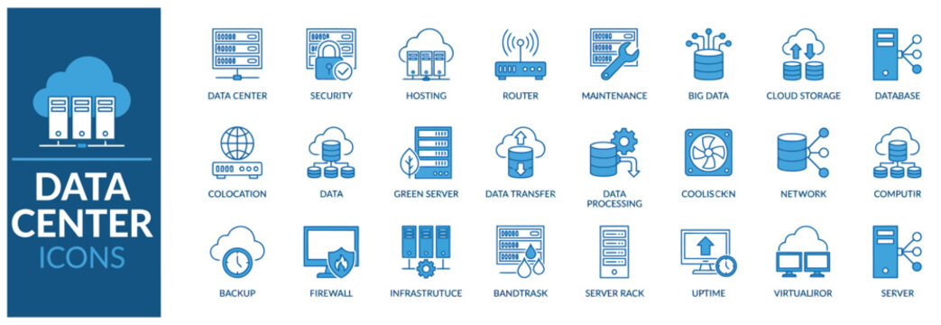 Data center icons representing cloud computing and network infrastructure. Modern technology symbols for IT and data management.