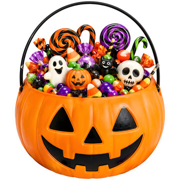 Halloween pumpkin candy bucket filled with assorted sweets, lollipops, and spooky treats isolated on transparent background.