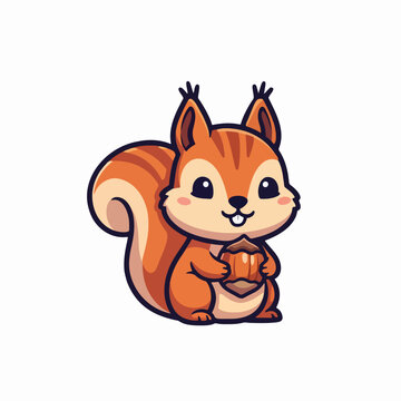 Cute cartoon squirrel illustration holding an acorn on a white background