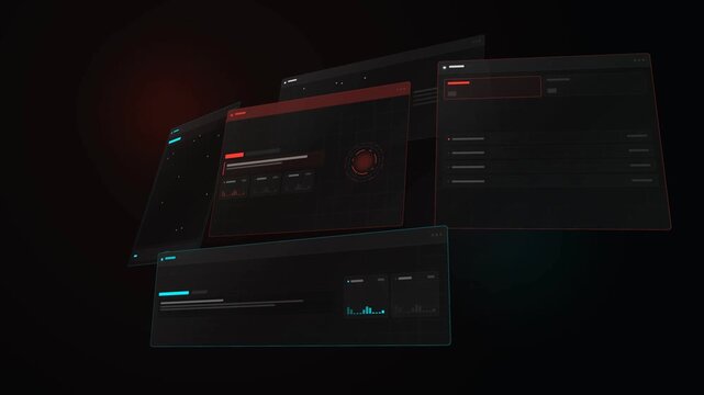 Abstract futuristic digital HUD interface panels floating on dark background for high tech data visualization motion