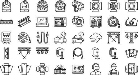 Fototapeta premium Live Event Production Line Art Icons Set: Stage Technology Equipment, Lighting, Audio, DMX Controllers, Truss, Fog Machines Crew Outline Vector