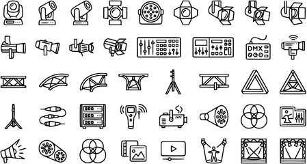 Fototapeta premium Stage Lighting and Event Production Equipment Line Art Icons Set. Black Outline Vector Kit for Live Events, Theater, and Concerts, featuring DMX, Truss, and Spotlights.