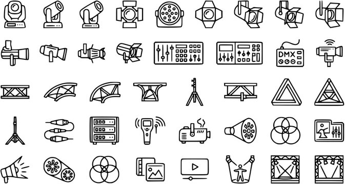 Stage Lighting and Event Production Equipment Line Art Icons Set. Black Outline Vector Kit for Live Events, Theater, and Concerts, featuring DMX, Truss, and Spotlights.