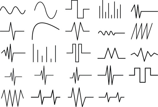 Minimal Sound Wave Line Vector Set &ndash; Clean Audio Pulse, Frequency Signal, Music Waveform & Vibration Elements Isolated on White Background