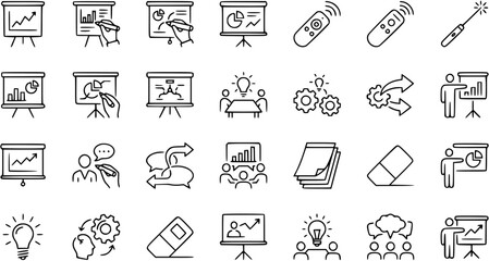 Fototapeta premium Business Presentation, Meeting Education Icons Set. Black and White Outline Stroke Line Art Symbols for Strategy, Communication, and Learning.
