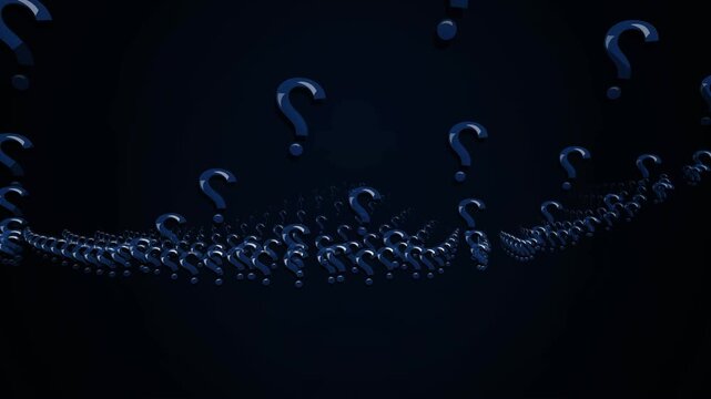 Abstract 3D blue question marks floating in grid pattern over dark background for curiosity and inquiry