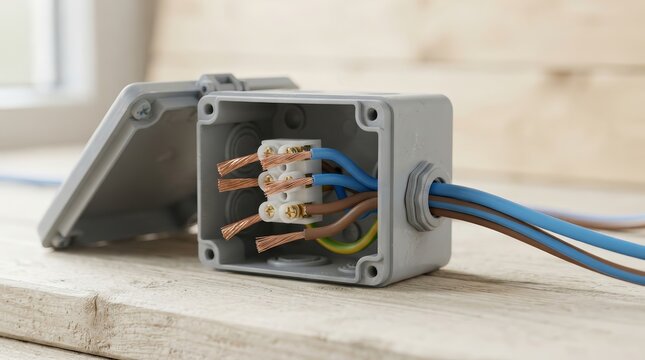 A gray plastic junction box with brown and blue electrical wires on a wood background.