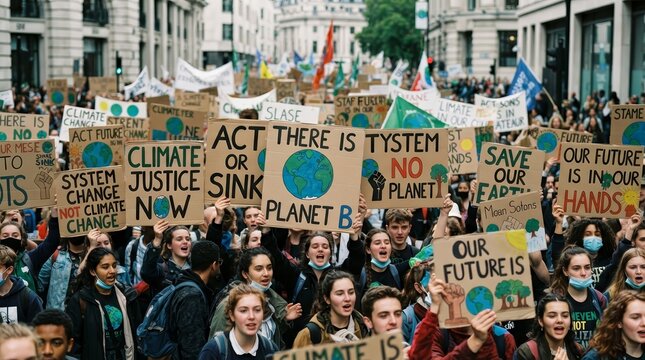 A large crowd of people participates in a climate change protest with colorful banners.