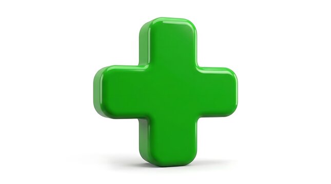 Green 3D plus sign symbol on white background.