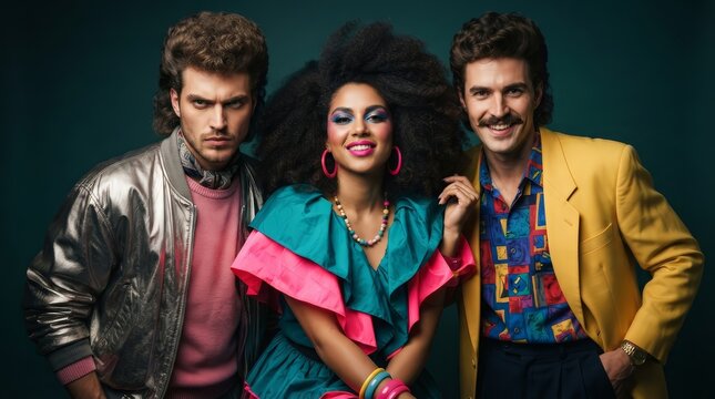 Retro 80's style portrait featuring a man and woman group.
