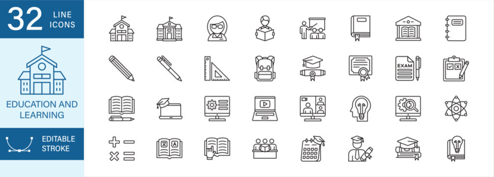 Education & Learning line icon set. Contains icon symbol : school, university, teacher, students, classroom, library, books, pencil, ballpoint, backpack, graduation, diploma, examinations, homework,