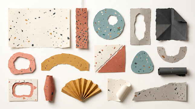 Collection of handmade recycled speckled paper shapes with organic forms and textures