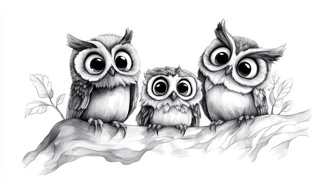 Cute family of three owls perched on a branch sketch illustration for wall art and nursery decor designs