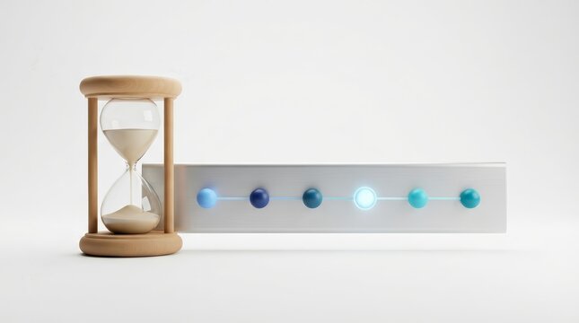 Project scheduling concept featuring a wooden hourglass and a digital timeline with milestones.