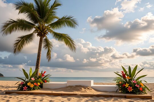 A wide shot of a summer-themed podium display set on a sandy beach with soft clouds in the background. On the Left side A small pile of sand forms the base of the podium, surrounded by tropical flower