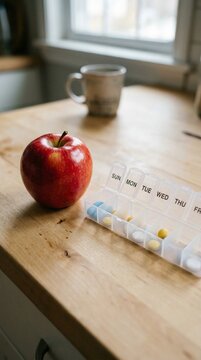 Fresh red apple next to weekly pill organizer on wooden table  