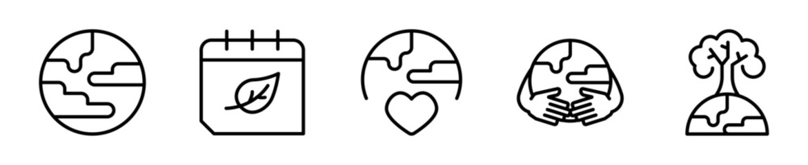 Set de 5 iconos del día de la tierra con planeta. Vector outline © Alejandro