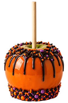 Halloween candy apple with chocolate drizzle isolated on transparent background.