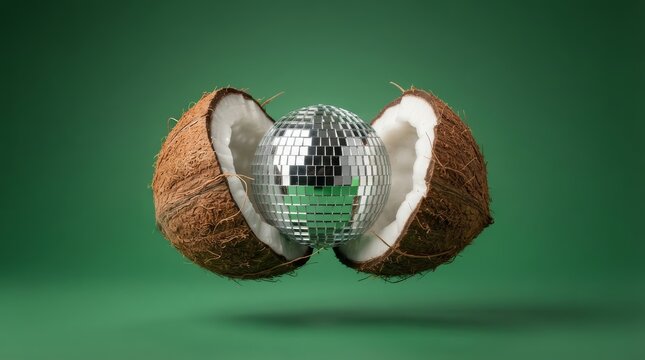 Tropical coconut shell split open to reveal a shiny mirror disco ball on a green backdrop.