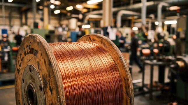 Copper wire spool in a factory during a busy working day