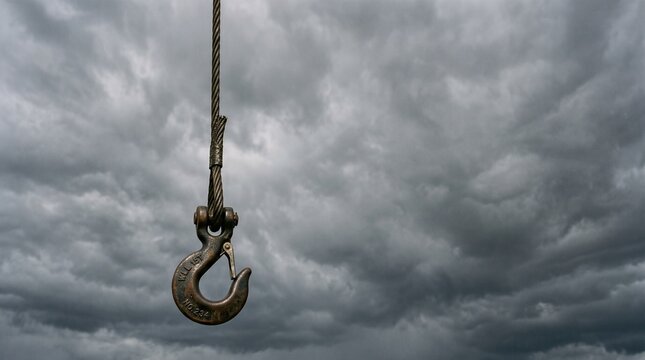 Heavy hook hangs above dark stormy clouds in the sky during a cloudy day